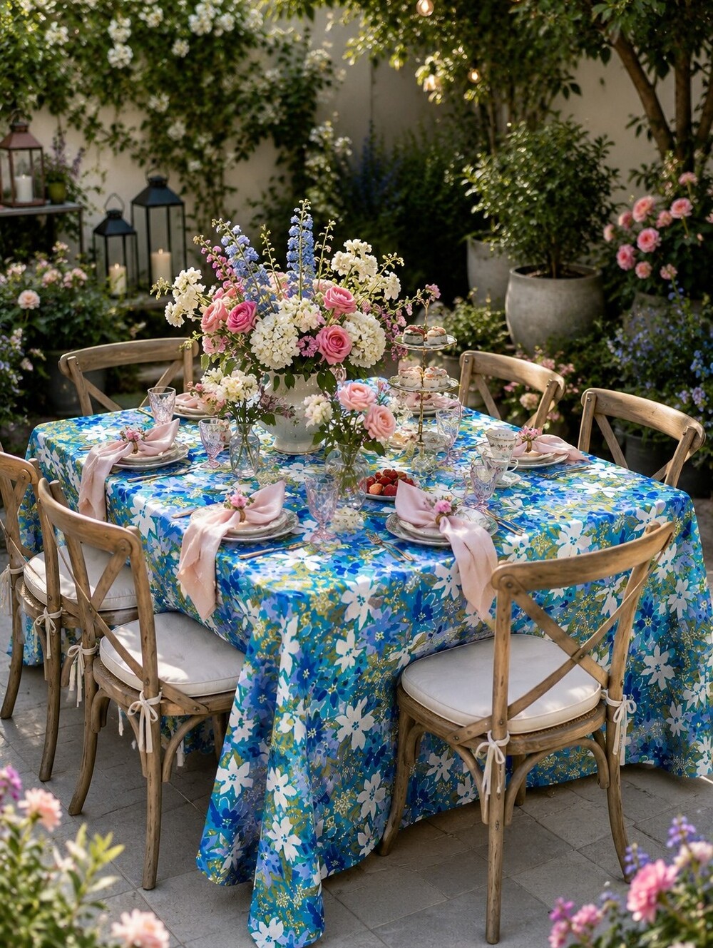 Vera Neumann Vintage Floral rectangle Tablecloth 82" X 160" Blue green White